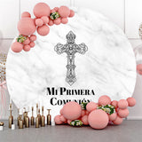 Allenjoy Cross Marble Texture Happy Birthday Round Backdrop