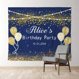 Allenjoy Custom Gold Glitter Balloon Blue Birthday Backdrop