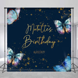 Allenjoy Custom Name Dark Blue Butterfly Birthday Backdrop