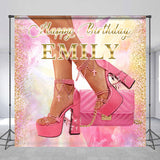 Allenjoy Custom Name Pink Highheel Happy Birthday Backdrop