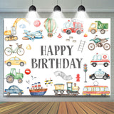 Allenjoy Cute Vehicle Patterns White Happy Birthday Backdrop