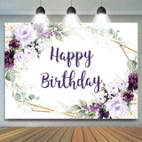 Allenjoy Dark Purple Flowers Glitter Happy Birthday Backdrop