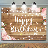 Allenjoy Elegant Wooden Pink Floral Happy Birthday Backdrop