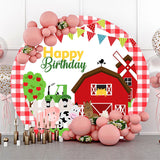 Allenjoy Farmhouse Animals Red Lattice Round Birthday Backdrop