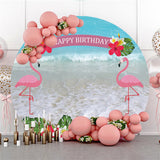 Allenjoy Flamingo Hawaii Beach Happy Birthday Circle Backdrop