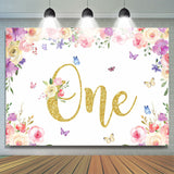 Allenjoy Floral And Butterfly Glitter One Birthday Backdrop