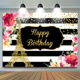 Allenjoy Floral And Gold Eiffel Tower Happy Birthday Backdrop