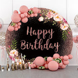 Allenjoy Flower Pink Glitter Happy Birthday Circle Backdrop