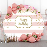 Allenjoy Flower Pink Stripes Happy Birthday Round Backdrop