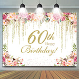 Allenjoy Flower Splashed Gold 60Th Happy Birthday Backdrop