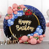 Allenjoy Glitter Blue Balloons Black Birthday Circle Backdrop