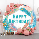 Allenjoy Glitter Blue Feather Happy Birthday Round Backdrop