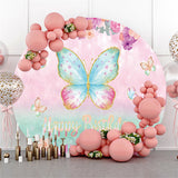 Allenjoy Glitter Cute Butterfly Happy Birthday Round Backdrop