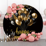 Allenjoy Glitter Gold Black Balloons Birthday Circle Backdrop