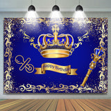 Allenjoy Glod Brown And Navy Blue Crown Happy Birthday Backdrop