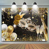 Allenjoy Gold Balloons Mask Glitter Happy Birthday Backdorp