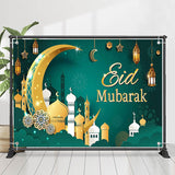 Allenjoy Gold Crescent Green Pattern Eid Mubarak Backdrop