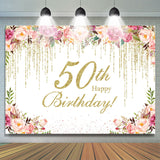 Allenjoy Gold Glitter Flower 50Th Birthday Backdrop Women