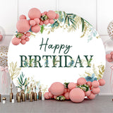 Allenjoy Green Gold Leaves Round Happy Birthday Backdrop