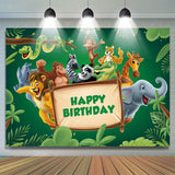 Allenjoy Green Leaves Animals Wood Sign Birthday Backdrop