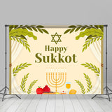 Allenjoy Green Leaves Beige Curtain Candlestick Sukkot Backdrop