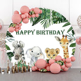 Allenjoy Green Monstera Animals Safari Round Birthday Backdrop