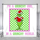 Allenjoy Grinchy Green Checkered Rabbit Custom Christmas Backdrop