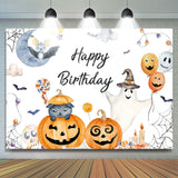 Allenjoy Halloween Pumpkin Bat Cat Happy Birthday Backdrop