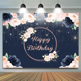 Allenjoy Happy Birthday Floral Lights Glitter Royal Blue Backdrop For Party