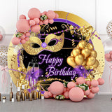 Allenjoy Happy Birthday Gold Mask Balloon Round Backdrop