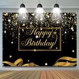 Allenjoy Happy Birthday Gold Stars Glitter Ribbon Black Backdrop