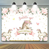 Allenjoy Happy Birthday Saddle Up Horse Pink Flower Themed Backdrop