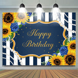 Allenjoy Happy Birthday Sunflower Blue Rose Pearls Stripe Backdrop