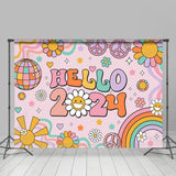 Allenjoy Hello 2024 Groovy Floral Happy New Year Party Backdrop