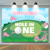 Allenjoy Hole In One Pink Balloon Happy Birthday Backdrop