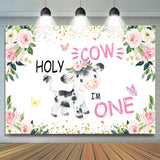 Allenjoy Holy Cow Pink Floral Gold Glitter First Birthday Backdrop For Girl