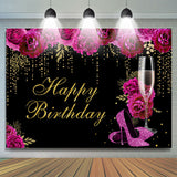 Allenjoy Hot Pink Floral Gold Glitter Happy Birthday Backdrop