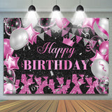 Allenjoy Hot Pink Sliver Balloons Glitter Black Birthday Backdrop