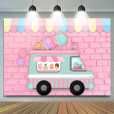 Allenjoy Ice Cream Car Pink Brick Wall Happy Birthday Backdrop