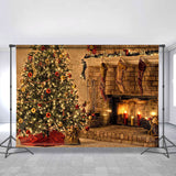 Allenjoy Khaki Chrismas Tree With Stocking Stone Brick Backdrop