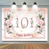 Allenjoy Light Pink Floral Glitter Happy 101 Birthday Backdrop