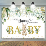 Allenjoy Little Bunny And Green Leaves Gold Baby Shower Backdrop