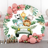 Allenjoy Monstera Green Truck Animals Round Birthday Backdrop