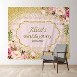 Allenjoy Personalized Gold Glitter Floral Birthday Backdrop