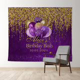 Allenjoy Personalized Gold Glitter Purple Birthday Backdrop