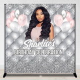 Allenjoy Personalized Grey Pink Birthday Backdrop With Photo