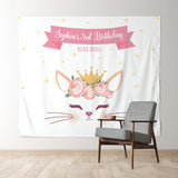 Allenjoy Personalized Pink Gold Cat Birthday Backdrop Banner