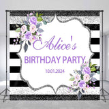 Allenjoy Personalized Purple Flower Glitter Birthday Backdrop