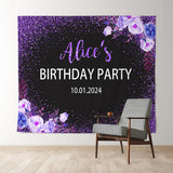 Allenjoy Personalized Purple Glitter Floral Birthday Backdrop