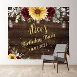 Allenjoy Personalized Sunflower Brown Wood Birthday Backdrop